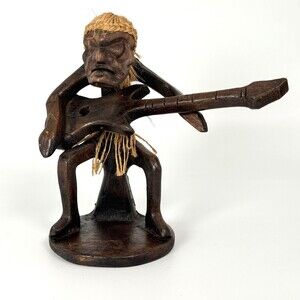 Hand Carved Wood Guitar Player Statue Tiki Musician Folk Art Figure